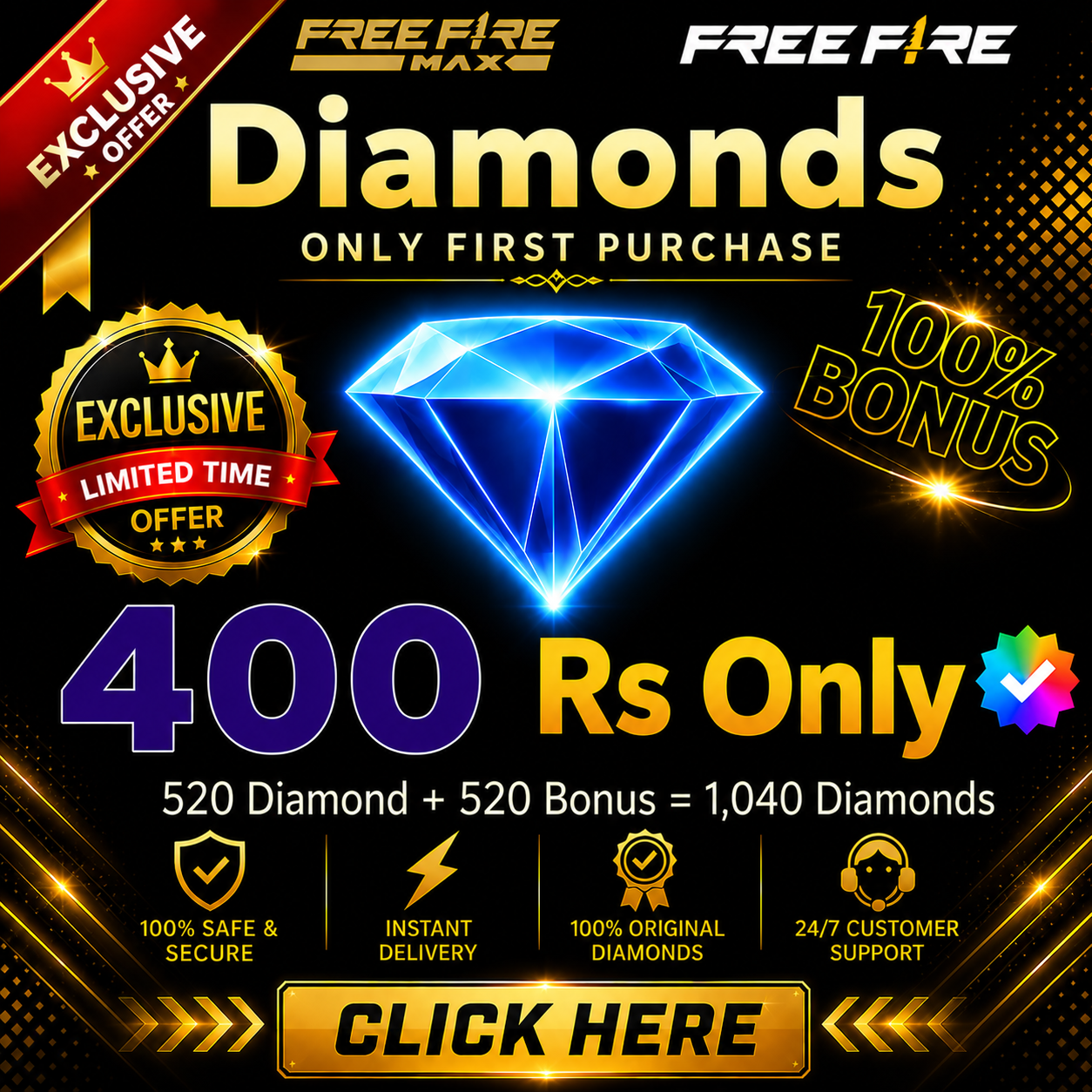 Top Up 520 Diamonds + 520 Bonus = 1040 💎