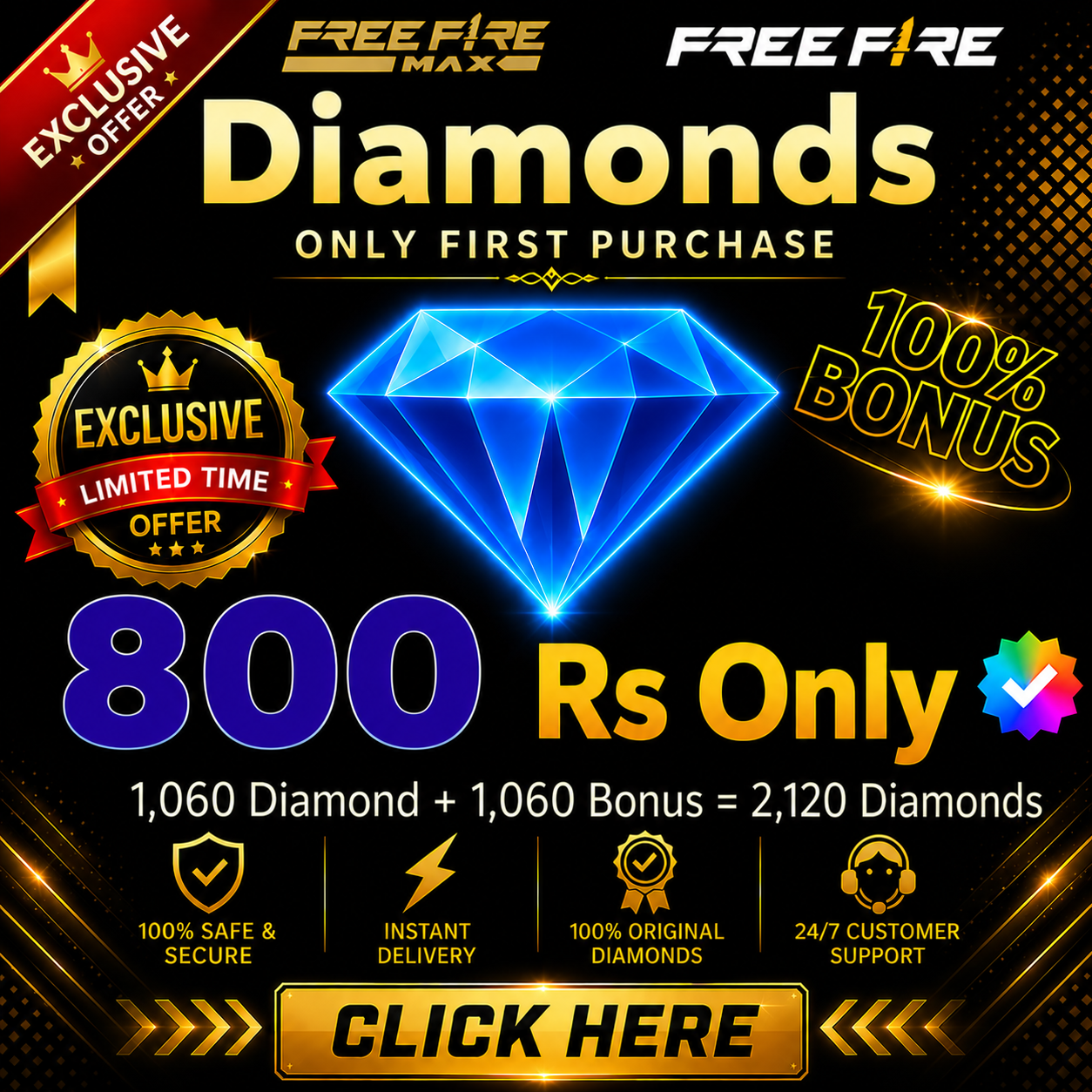 Top Up 1060 Diamonds + 1060 Bonus = 2120 💎