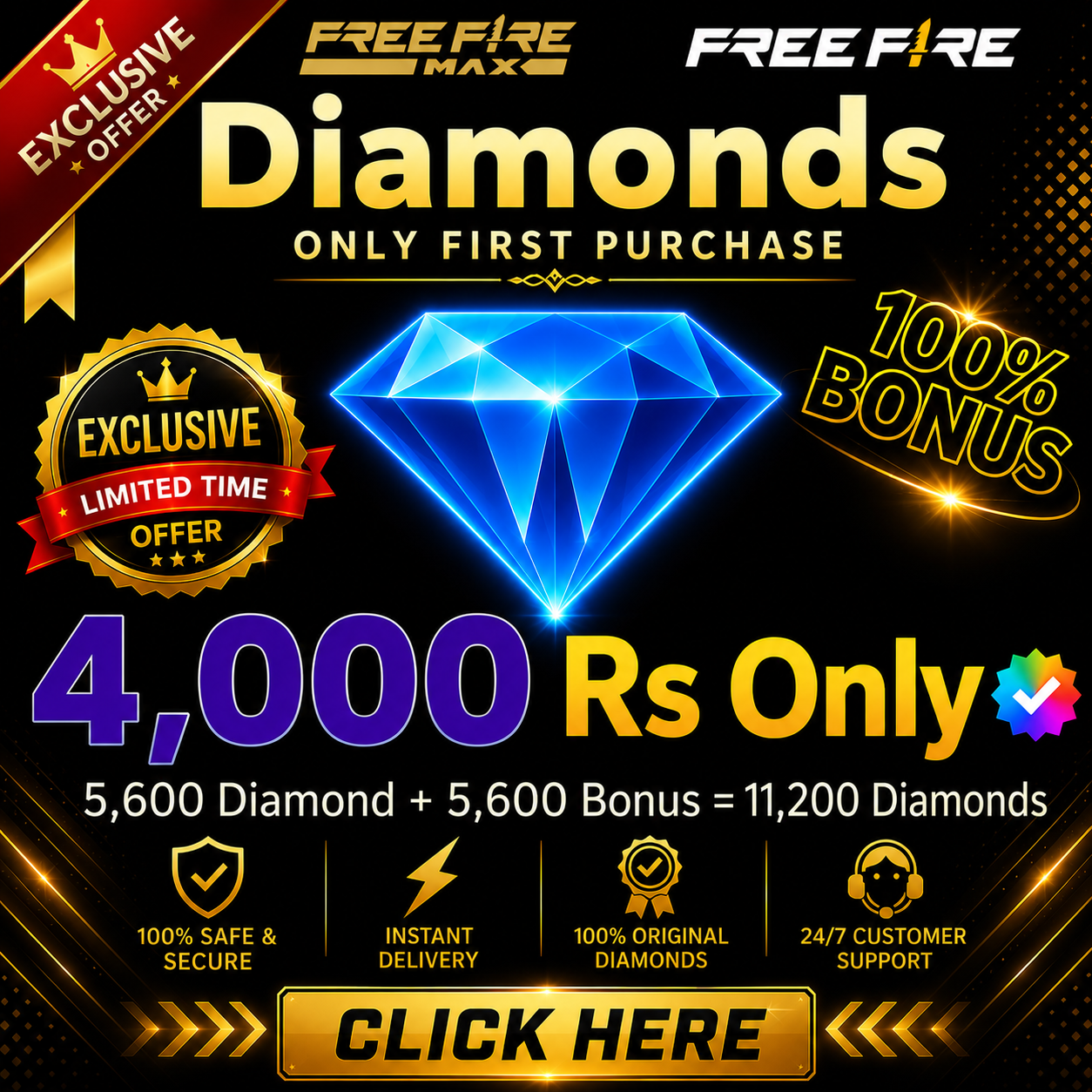 Top Up 5600 Diamonds + 5600 Bonus = 11,200 💎
