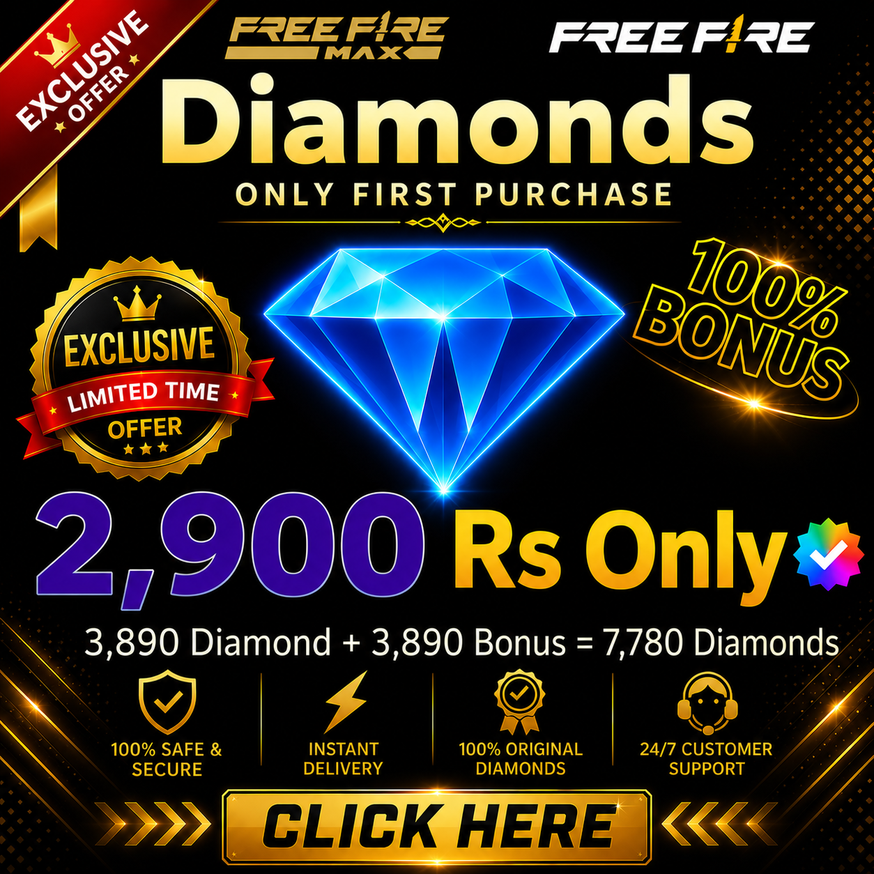 Top Up 3890 Diamond + 3890 Bonus = 7,780 💎