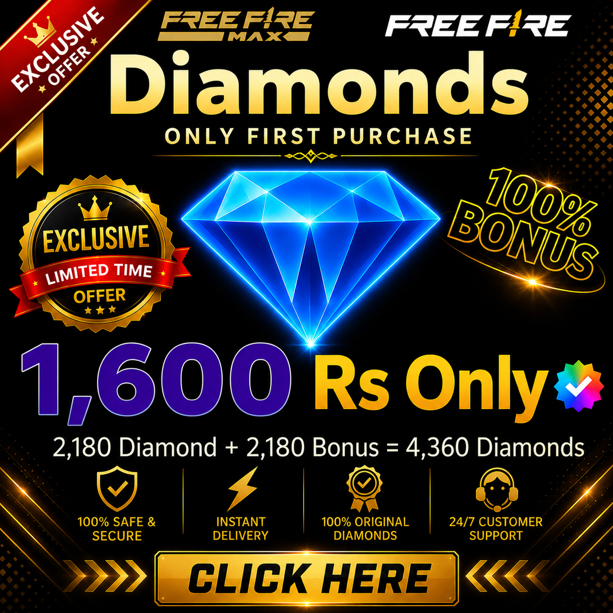 Top Up 2180 Diamonds + 2180 Bonus = 4360 💎